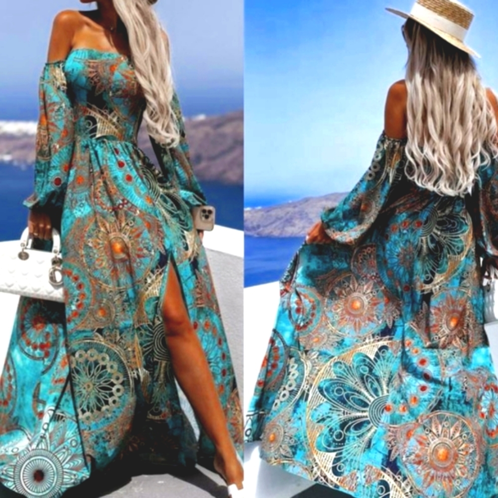 Blue Turquoise Red Mandala Boho Style Maxi Dress With Side Slit